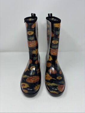 Black Floral Sunflower Rain Boots 7